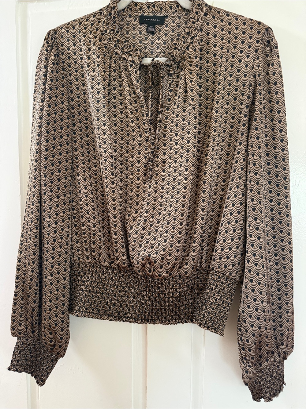 Tamara H Beige Patterned Long-Sleeve Tie-Neck Blouse
